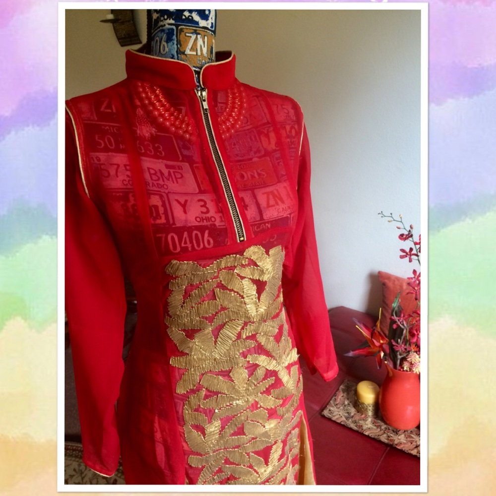 Red and Gold Embroidered Women's Dress